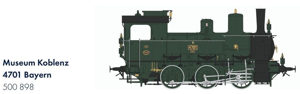 PUR-Räder! Dampflok BR 89.8 Bay. R3/3 Museum Koblenz 4701 Bayern Epoche VI, flaschengrün / schwarz, 3 Bay. Lampen, Korbpuffer, Schraubenkupplung, kein Kohlekastenaufsatz